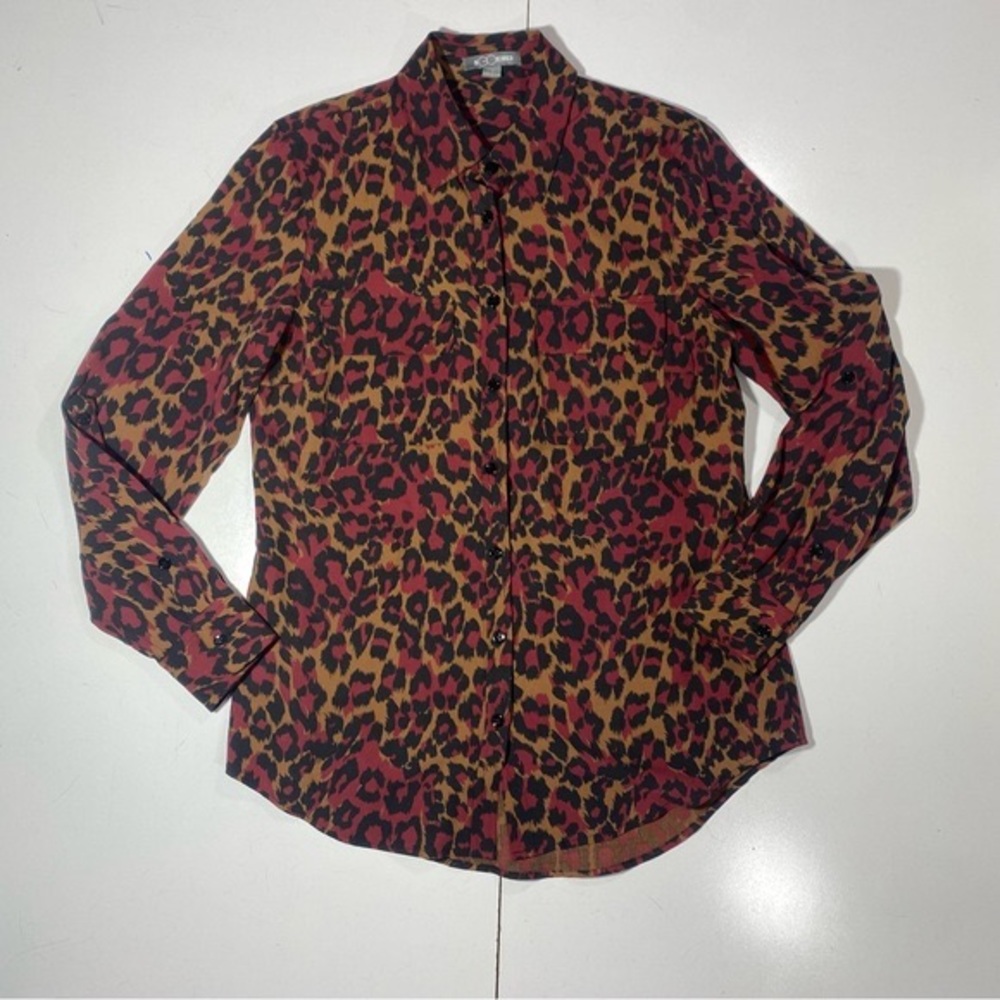 Go Silk Red Tan Black Leopard/Cheetah Print 100% Silk Button Down‎ Blouse S